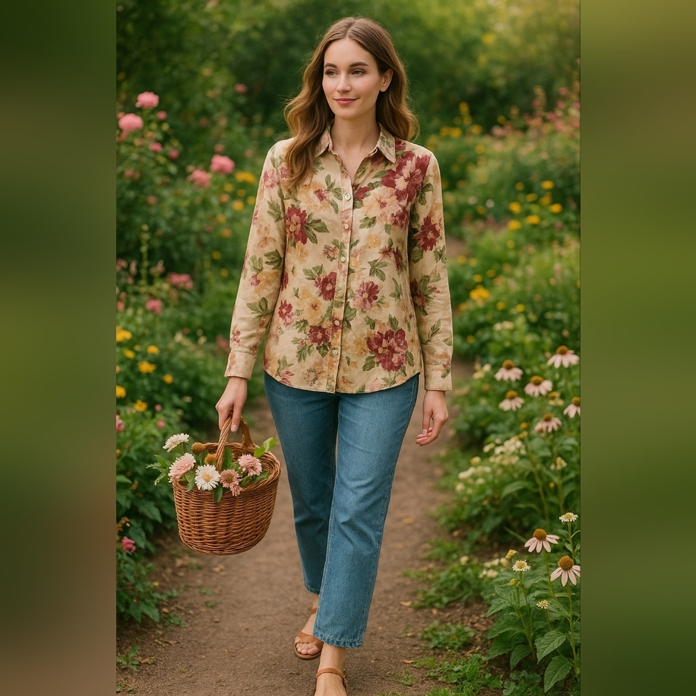 Soft Surroundings Floral Button Up Top – Romantic Cottagecore Garden Blouse